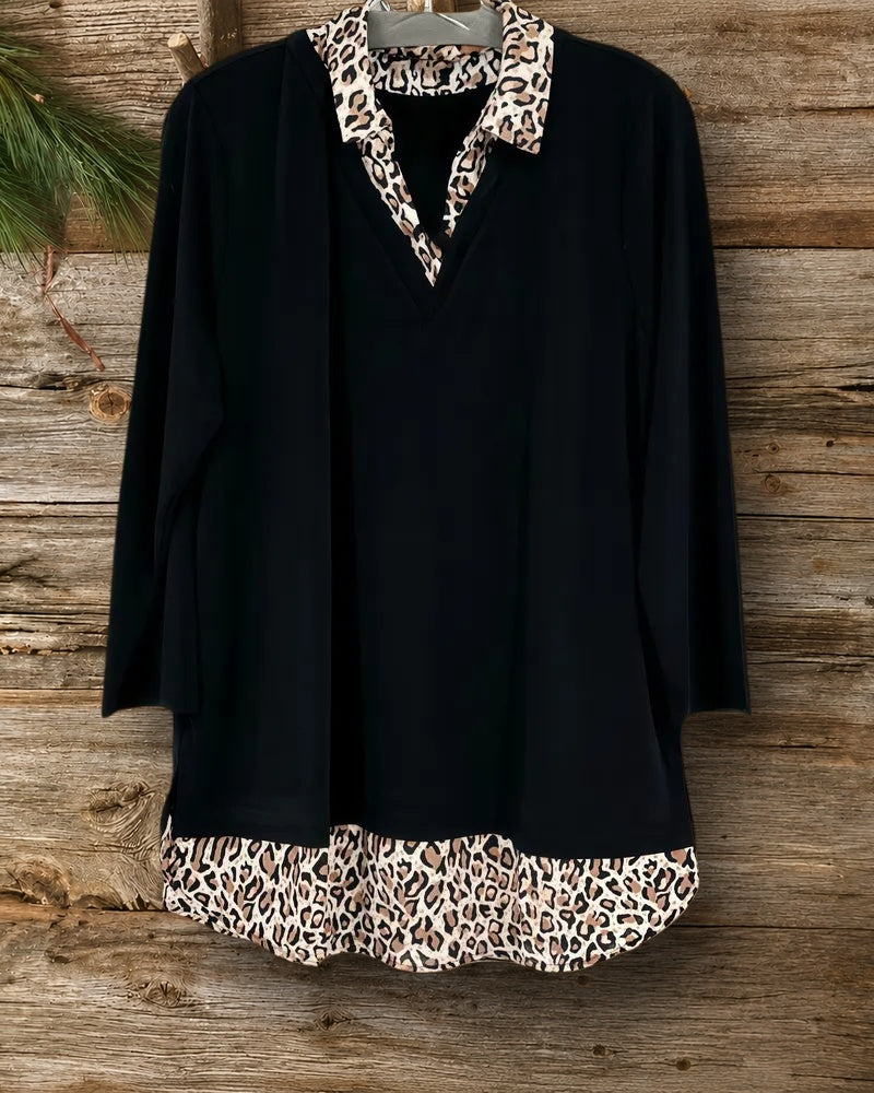Leopard Print Patchwork Laid Back Polo Neck Shirt