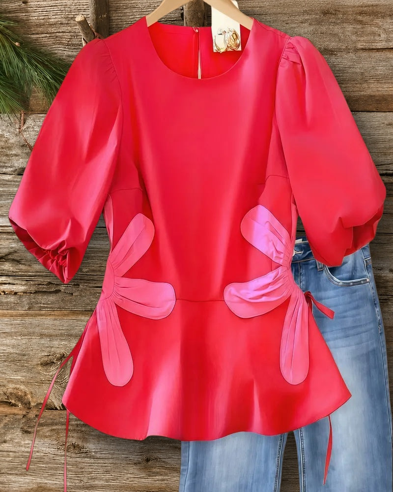 Floral Applique Color Block Stunning Tie Side T-Shirt