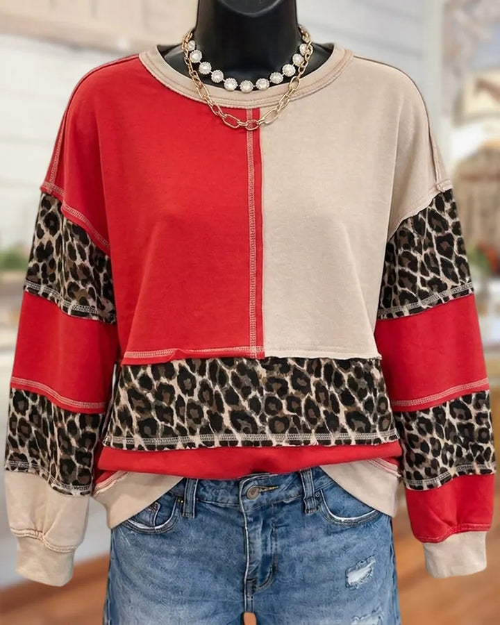 Leopard Patchwork Exposed Seam Color Block Drop Shoulder Casual Sweatshirt