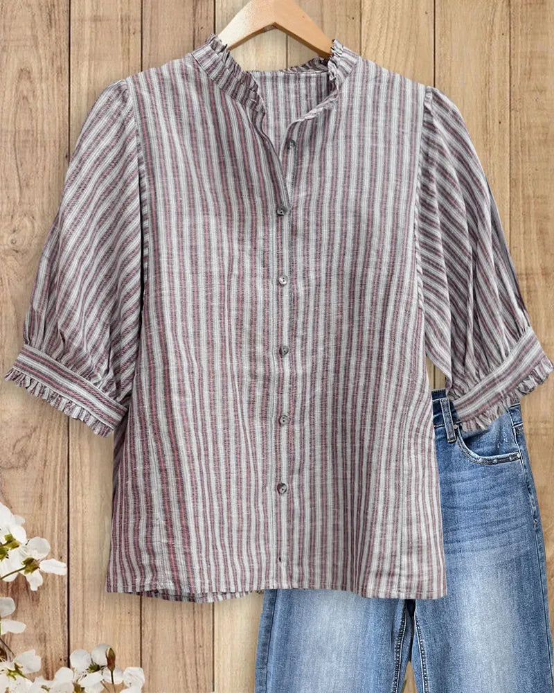 Ruffled Stand Collar Striped Button Front Puff Sleeve Blouse