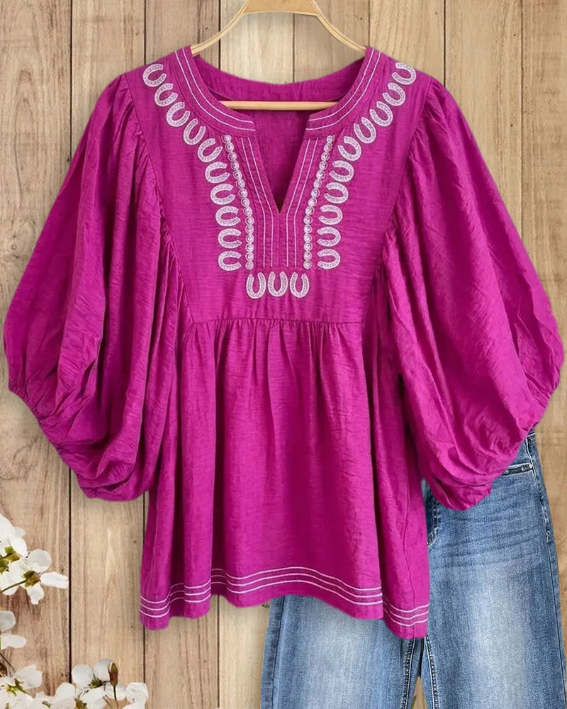 Embroidered V Neck Puff Sleeve Gathered Casual Loose Blouse
