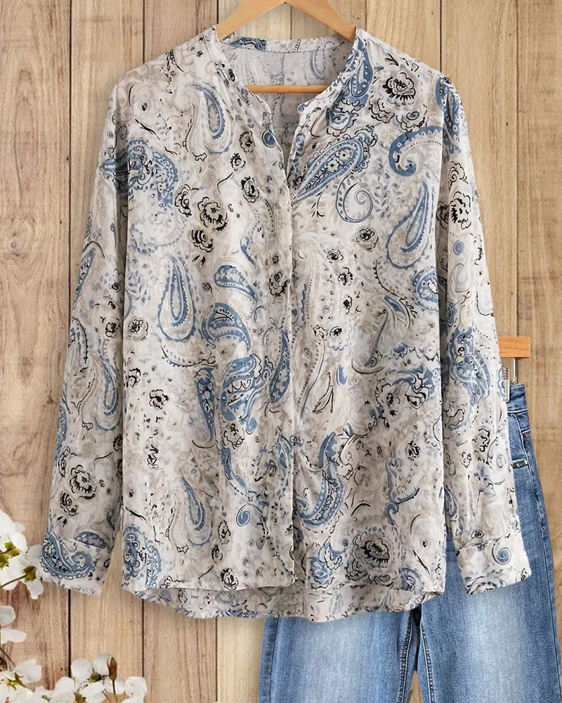 Paisley Print Button Front V Neck Rolled Cuff Bohemian Blouse