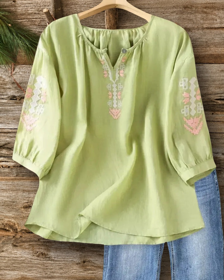 Embroidered V Neck 3/4 Sleeve Loose Casual Blouse