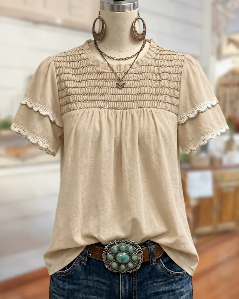 Crew Neck Ruffle Sleeve Blouse