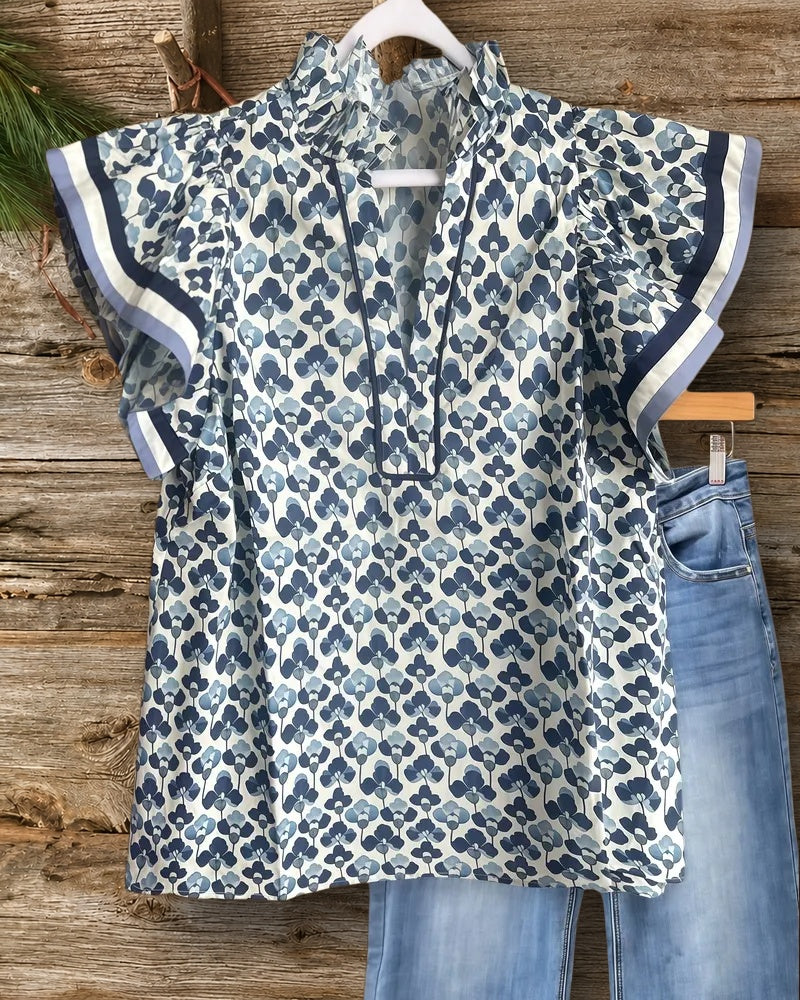 Floral Print Elegant Ruffle Sleeve V Neck Blouse