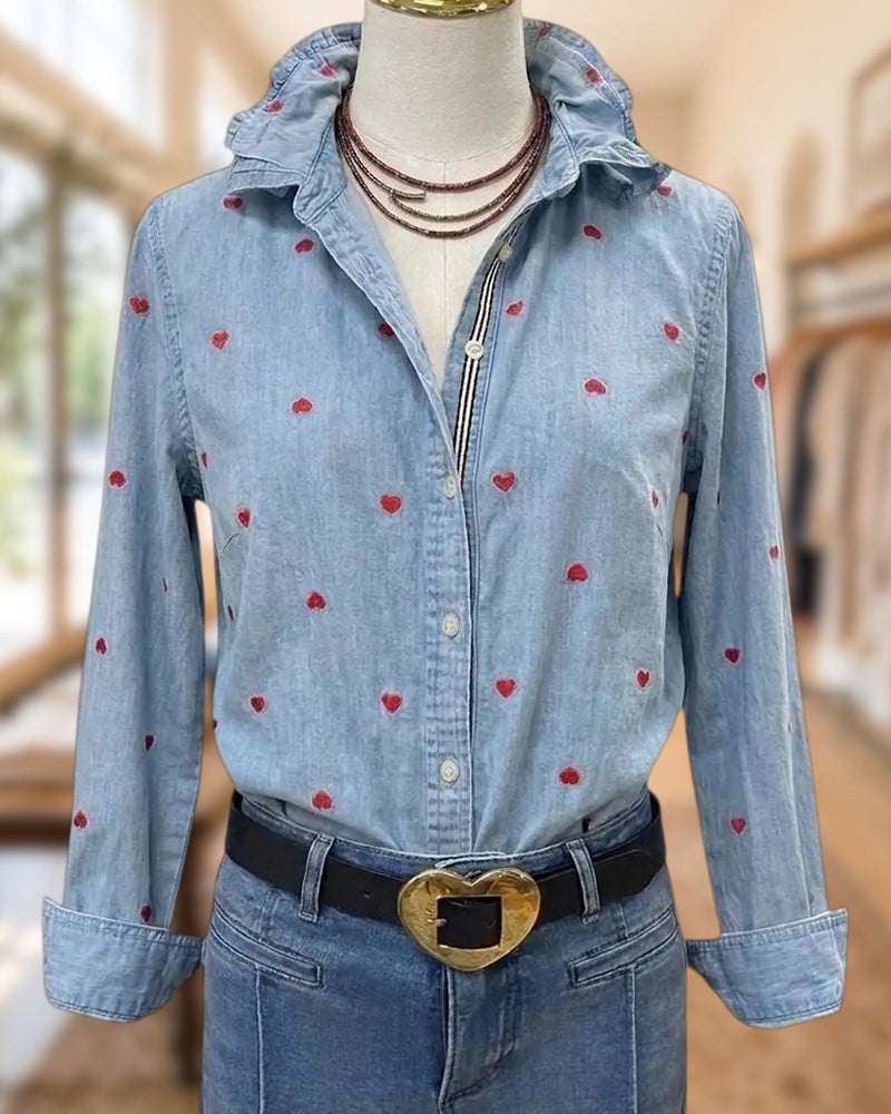 Heart Print Ruffled Collar Long Sleeve Button Up Shirt