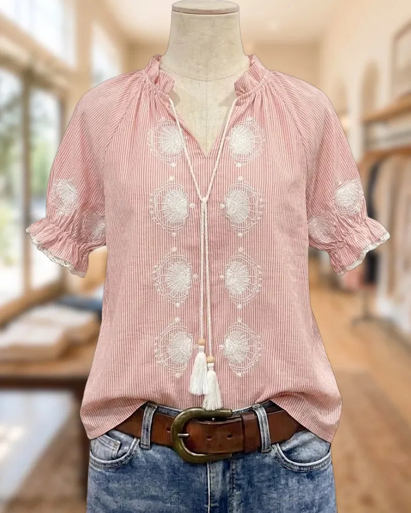 Striped Embroidered Puff Sleeve Tie Neck Ruffled Cuff Blouse