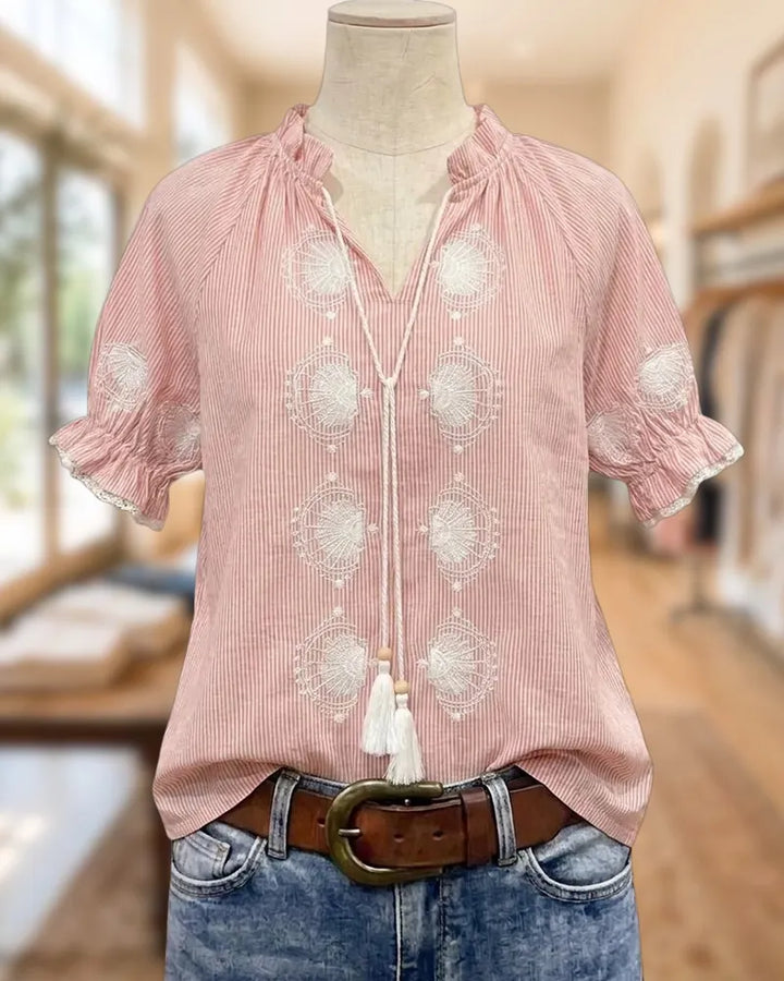 Striped Embroidered Puff Sleeve Tie Neck Ruffled Cuff Blouse