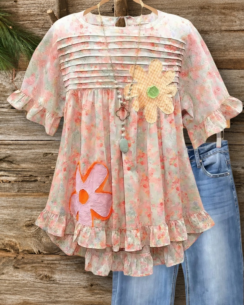 Applique & Floral Print Pleated Detail Playful Ruffles Trim Blouse