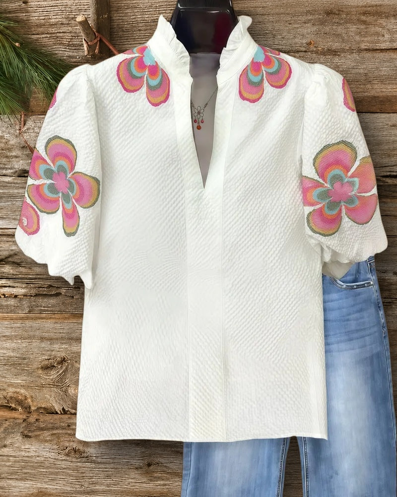 Floral Print Puff Sleeve Stylish V Neck Blouse