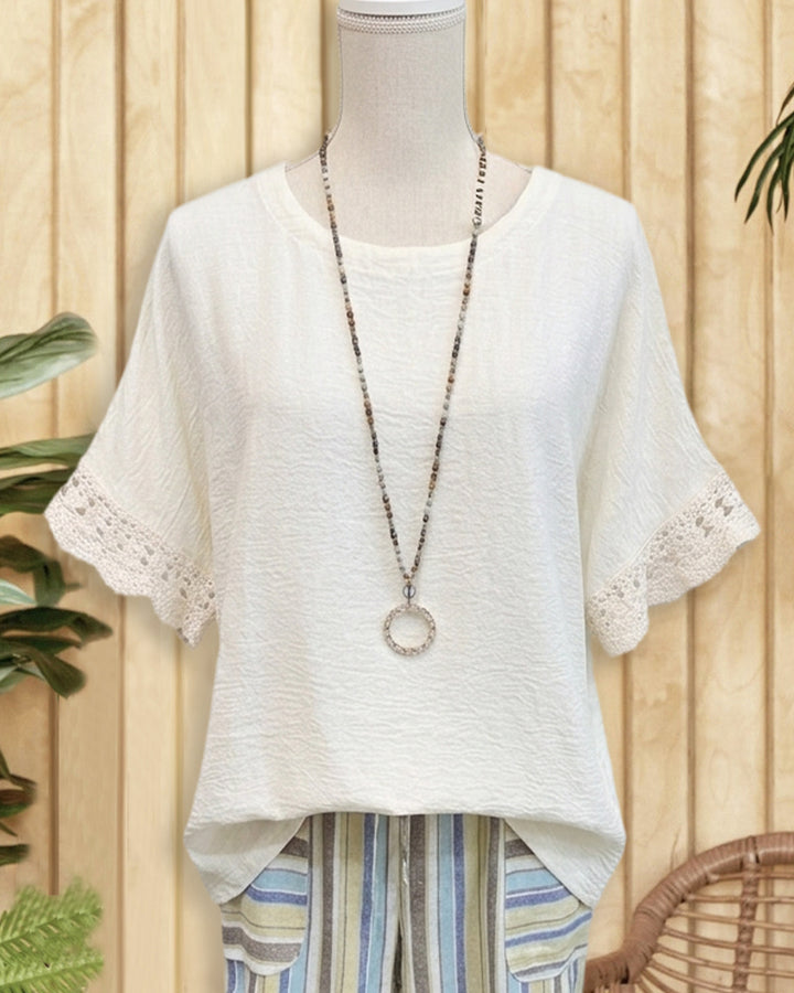 Solid Color V Neck Lace Trim Short Sleeve Casual Blouse