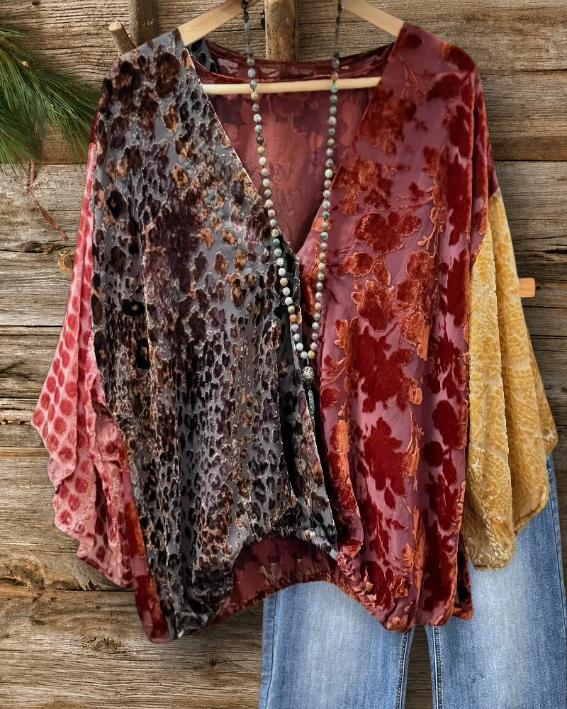 Mixed Velvet Patchwork Relaxed V Neck Blouse
