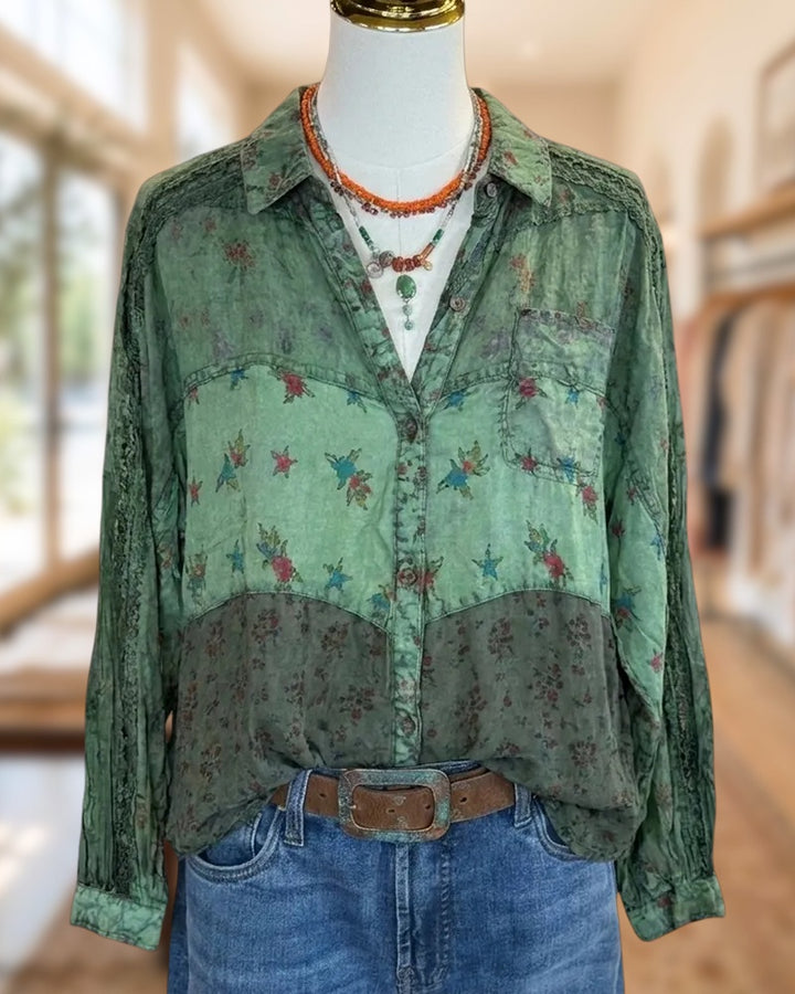 Patchwork Floral Print Lace Trim Button Down Chest Pocket Shirt