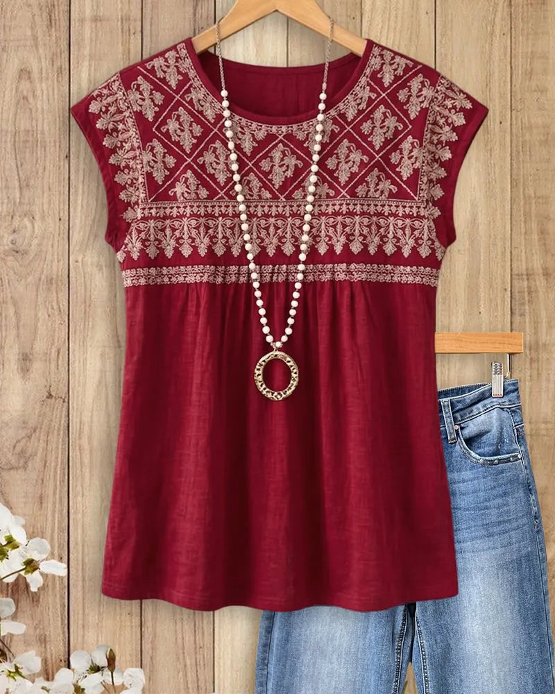 Embroidered Cap Sleeve Round Neck Bohemian Flowy Blouse