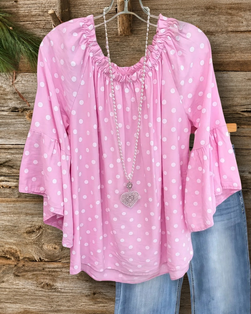 Polka Dot Scoop Neck Flare Sleeve Relaxed Fit Blouse