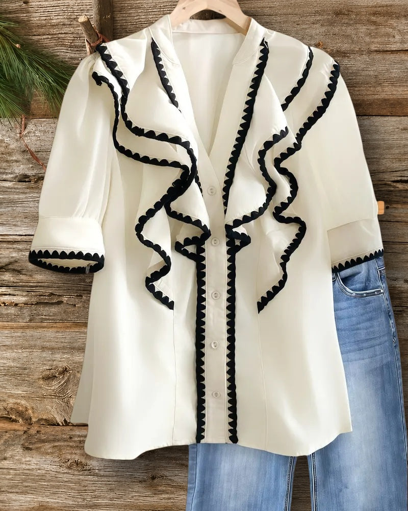 Hit Color Shell Stitch Trim Smart Ruffles Button T-Shirt