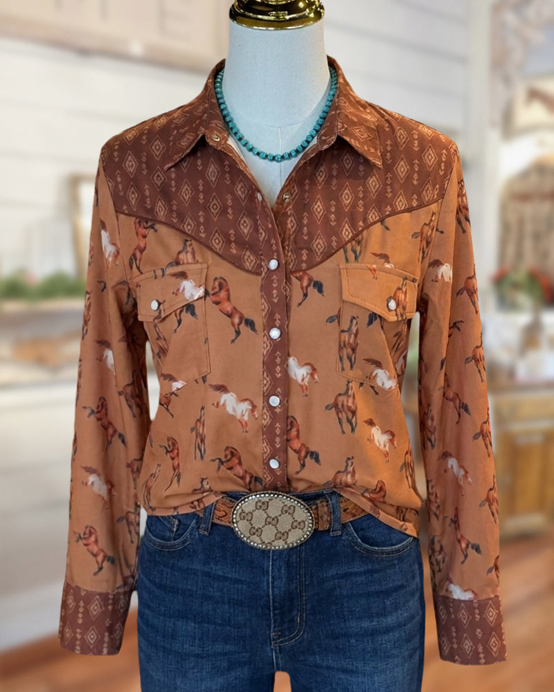 Horse Print Contrast Yoke Pearl Snap Long Sleeve Shirt