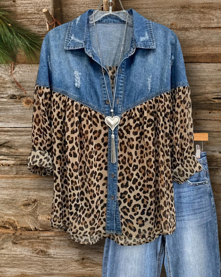 Denim Patchwork Distressed Ruched Button Up Long Sleeve Shirt