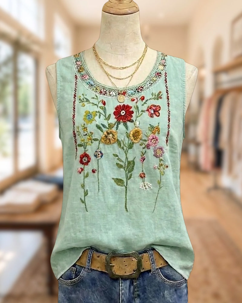 Floral Embroidered Sleeveless Round Neck Tank Top