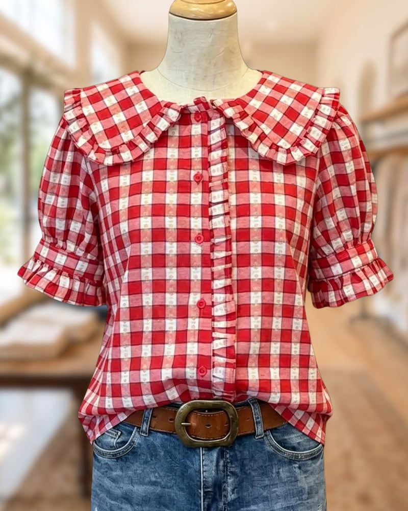Peter Pan Collar Ruffle Trim Puff Sleeve Plaid Blouse
