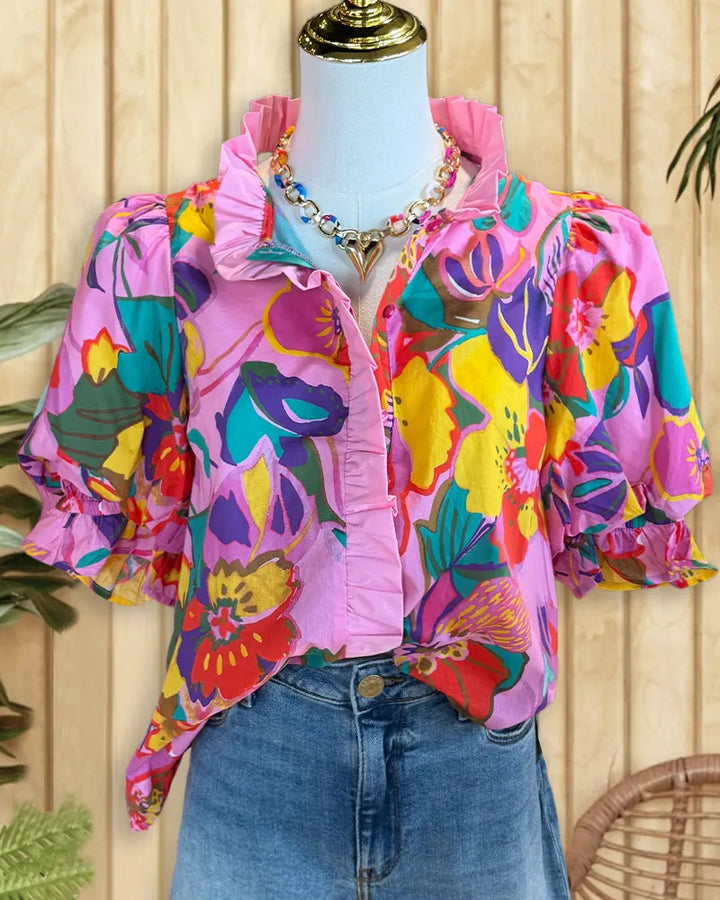 Ruffled Trim Floral Print Puff Sleeve Button Front Blouse