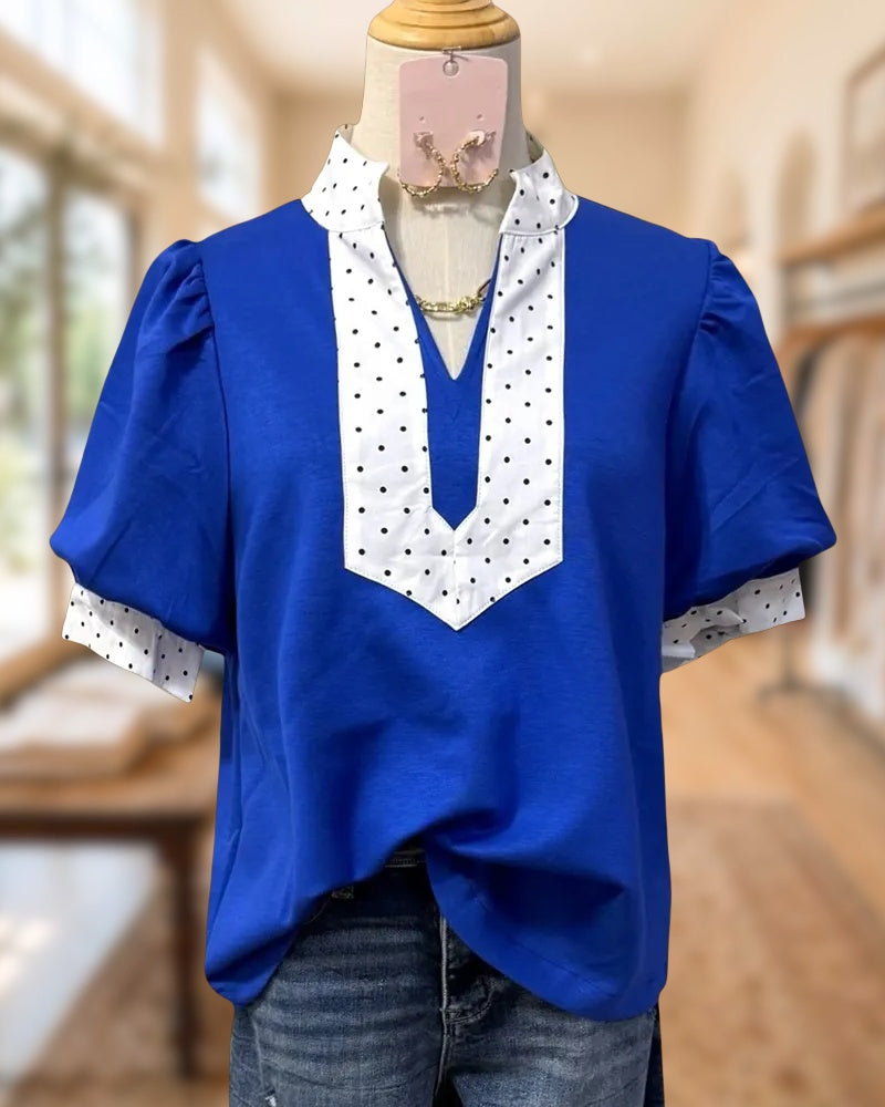 Polka Dot Trim Contrast V Neck Puff Sleeve Blouse