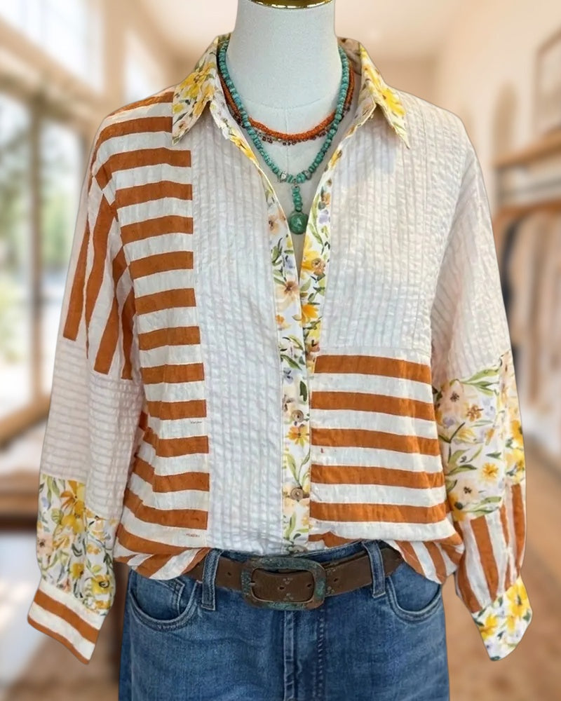 Patchwork Contrast Panel Collared Button Down Long Sleeve Shirt