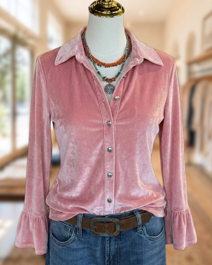Collared Button Front Bell Sleeve Velvet Blouse Top