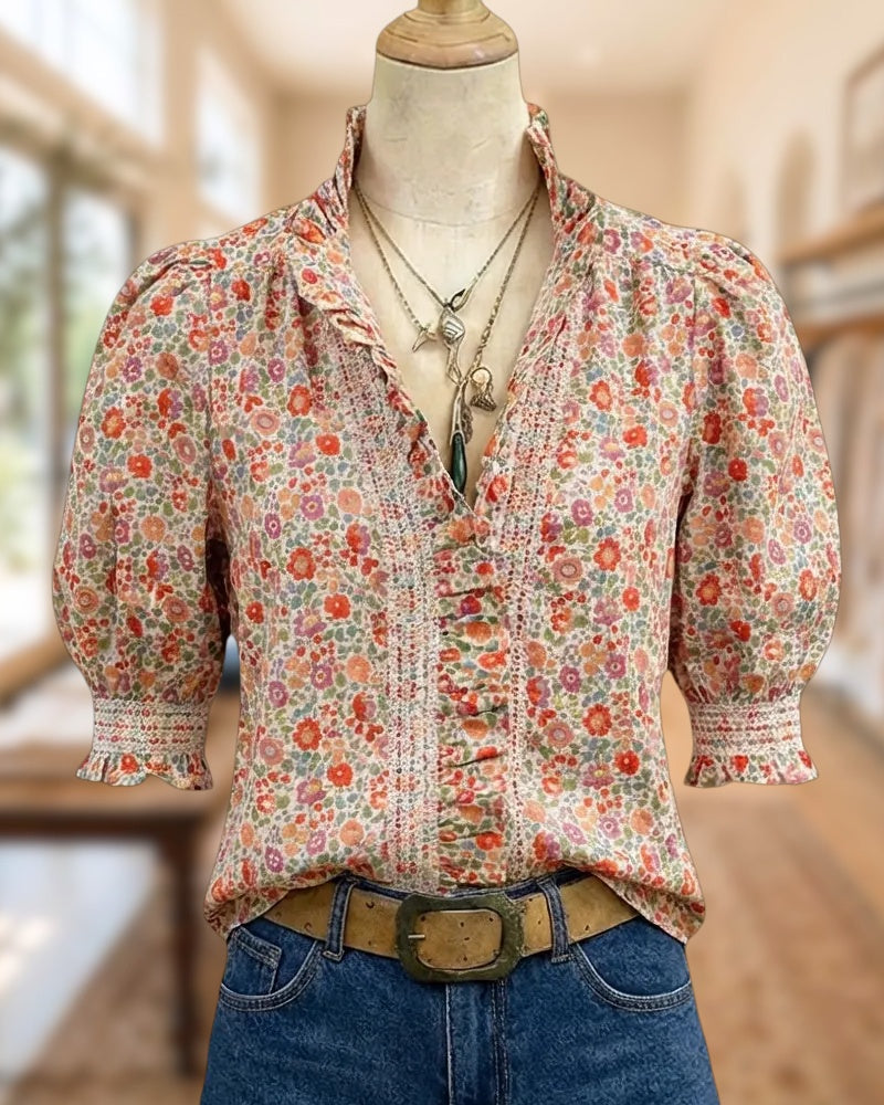 Floral Print Pretty Smocked Ruffles Puff Sleeve Blouse