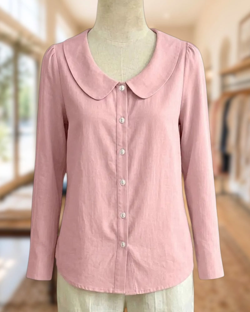Peter Pan Collar Long Sleeve Button Front Sweet Blouse