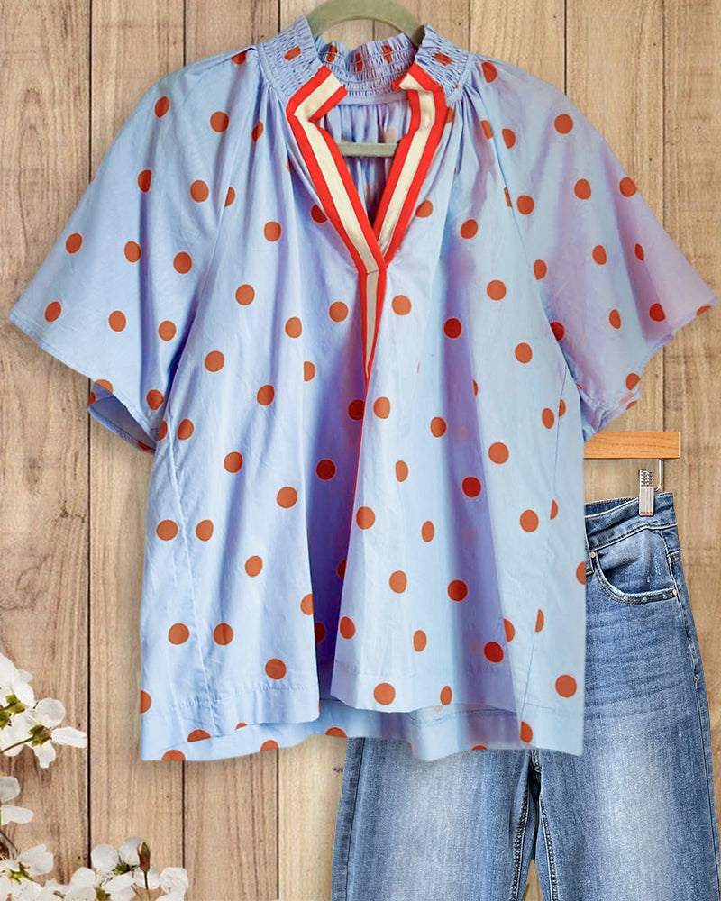 Polka Dot Contrast Trim V Neck Short Sleeve Blouse