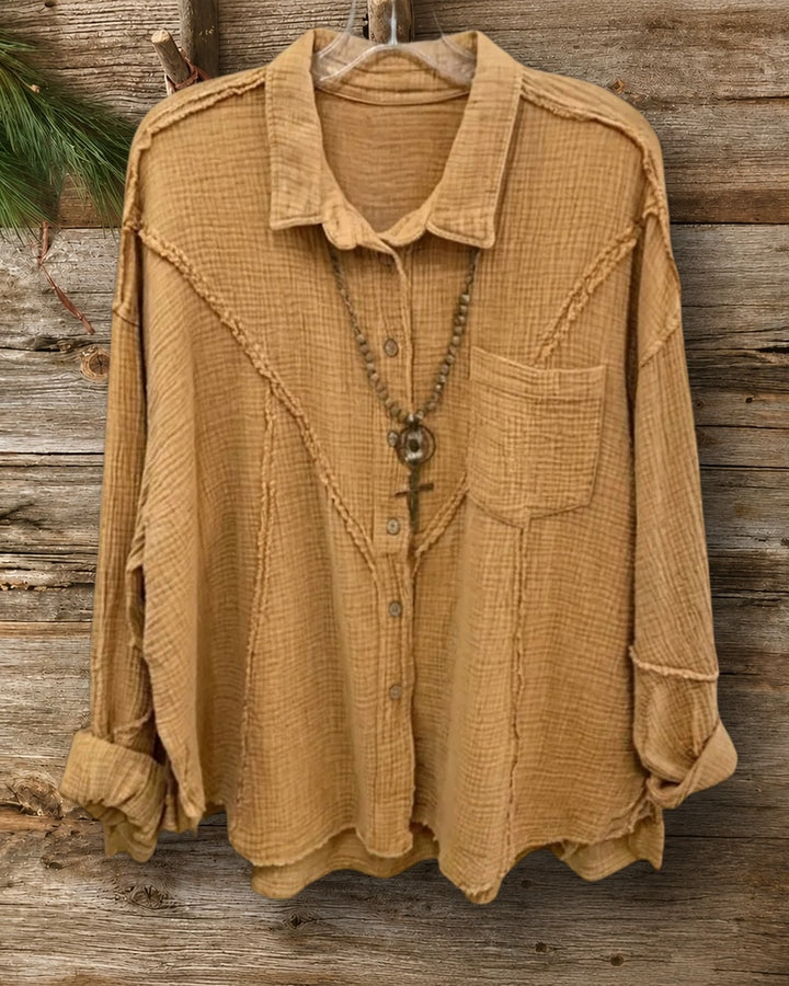 Collared Exposed Seam Chest Pocket Loose Casual Long Sleeve Shirt