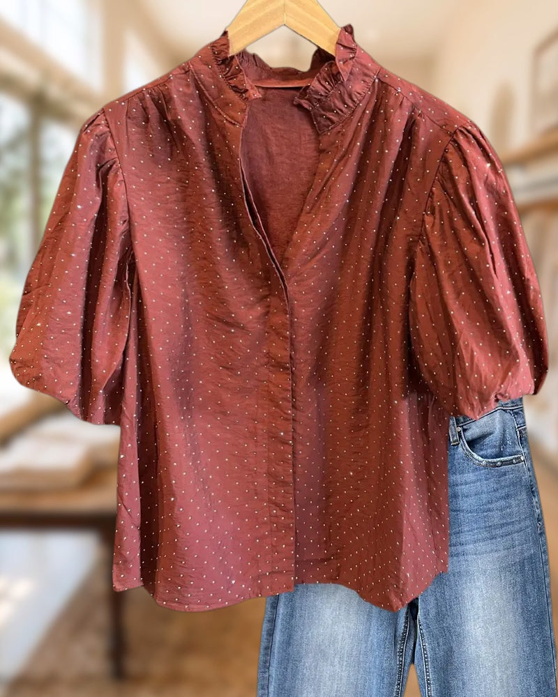 Ruffle Trim V Neck Puff Sleeve Polka Dot Elegant Blouse