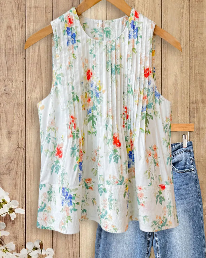 Floral Print Pleated Front Sleeveless Loose Summer Top