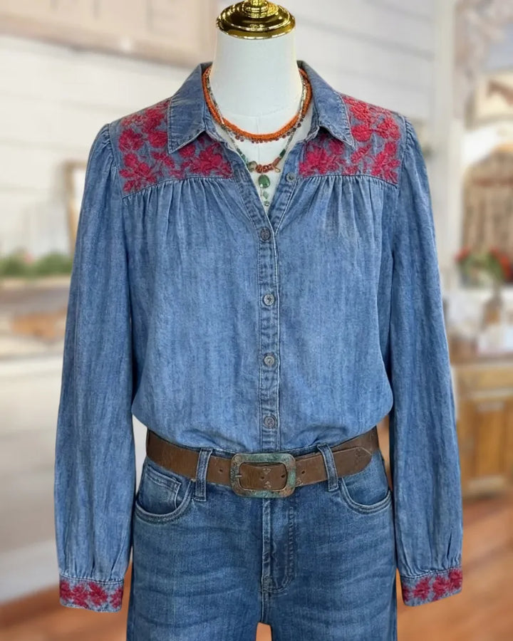 Embroidered Collared Button Front Gathered Yoke Long Sleeve Shirt