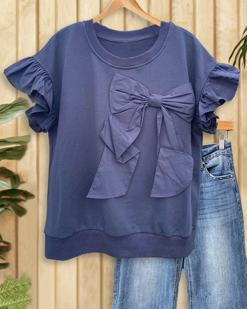 Solid Color Bow Decor Playful Ruffle Sleeve T-Shirt