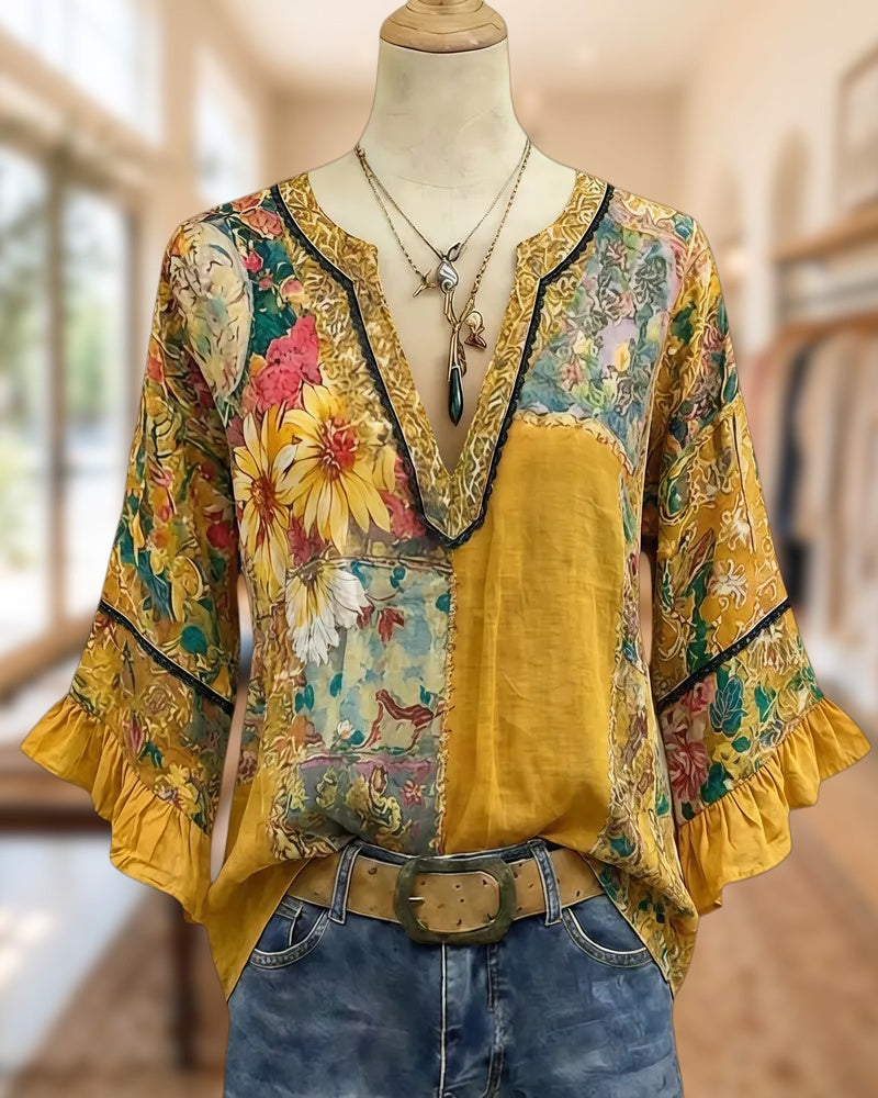 Floral Print Bohemia V Neck Ruffle Sleeve Blouse