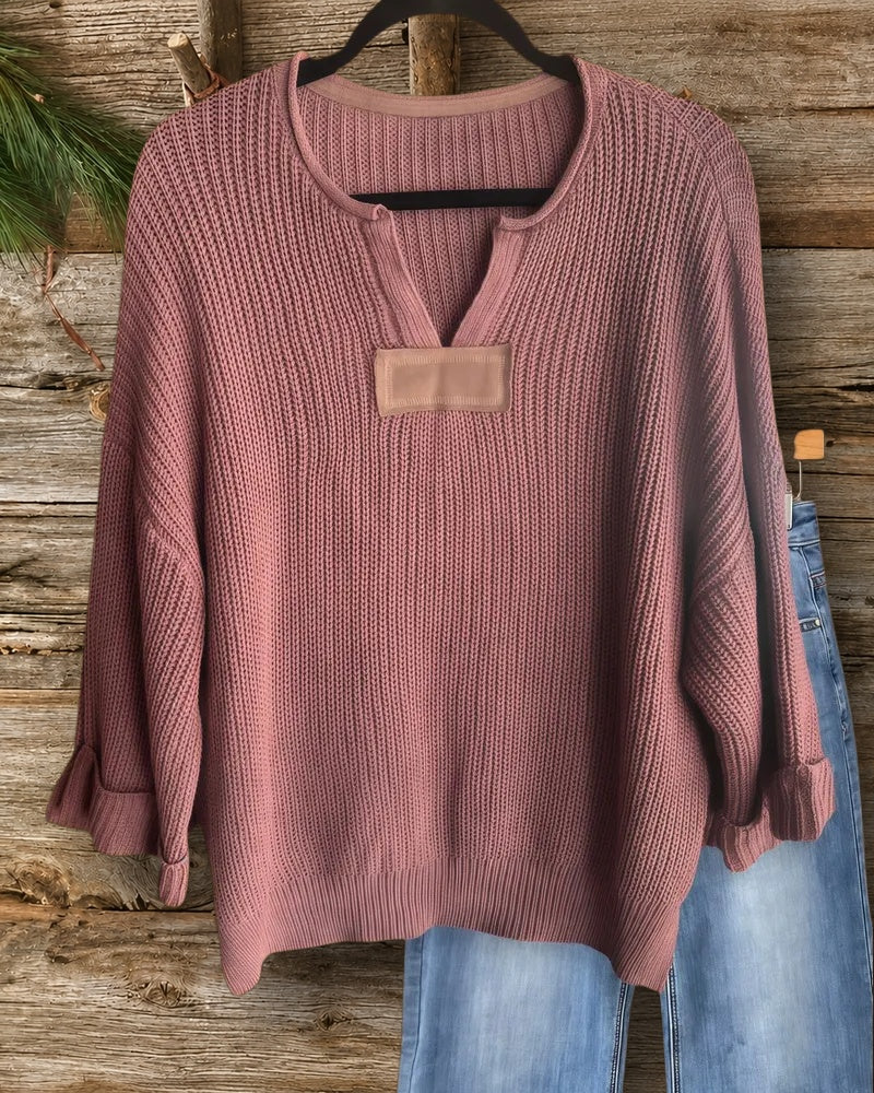Solid Color Split Neck Simple Drop-Shoulder Sweater