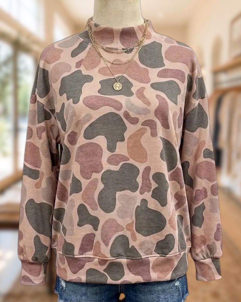 Mock Neck Camo Print Drop Shoulder Long Sleeve Sweatshirt