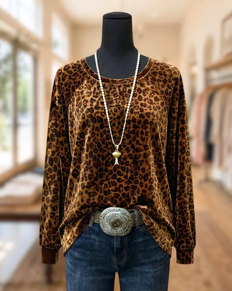 Velvet Leopard Print Casual Round Neck Shirt