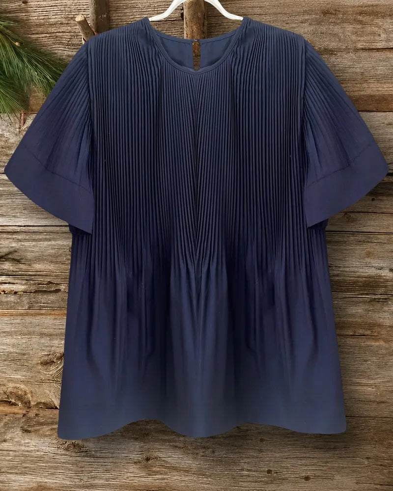 Solid Color Pleated Floaty Round Neck Blouse