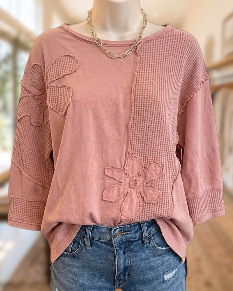 Waffle Knit Patchwork Flower Applique 3/4 Sleeve Stylish Top