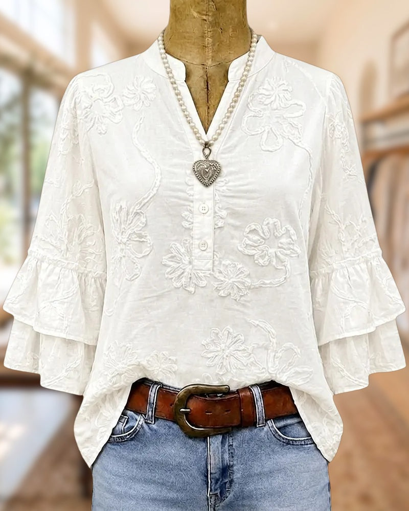 Embroidered V Neck Tiered Ruffle Sleeve Half Placket Blouse