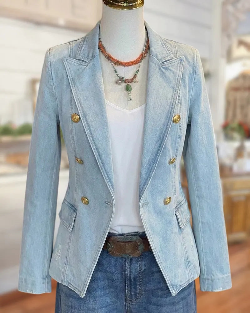 Double Breasted Notched Lapel Flap Pocket Tailored Denim Blazer