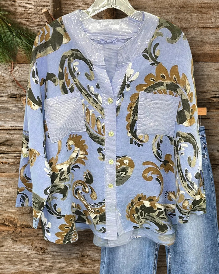Sequined & Paisley Print Cozy Pocket Button Up Shirt