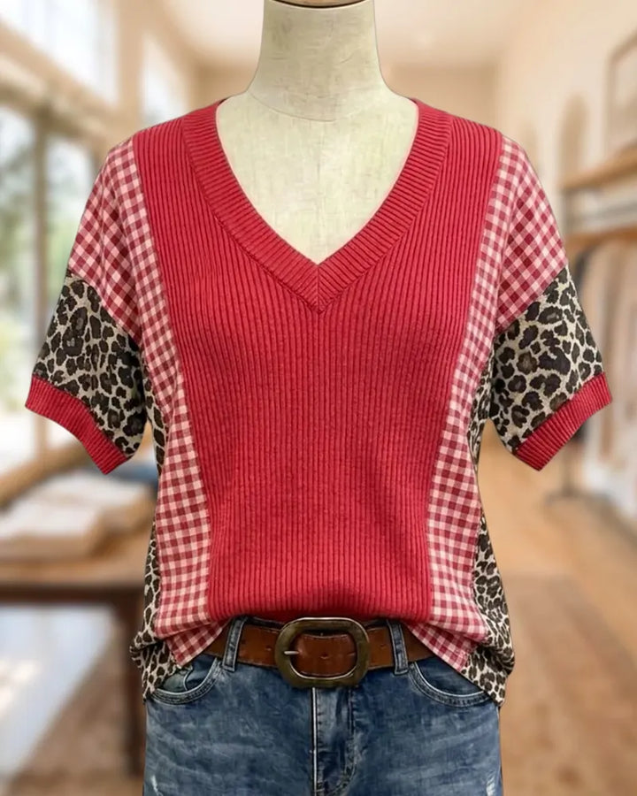 V Neck Patchwork Plaid Leopard Contrast Short Sleeve Casual Top