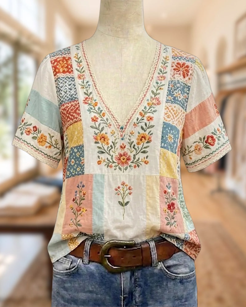 V Neck Lace Trim Floral Embroidery Patchwork Short Sleeve Blouse