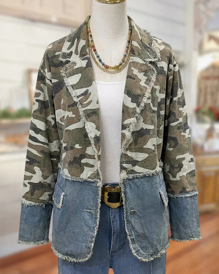 Camo Denim Spliced Frayed Trim Lapel Trendy Jacket