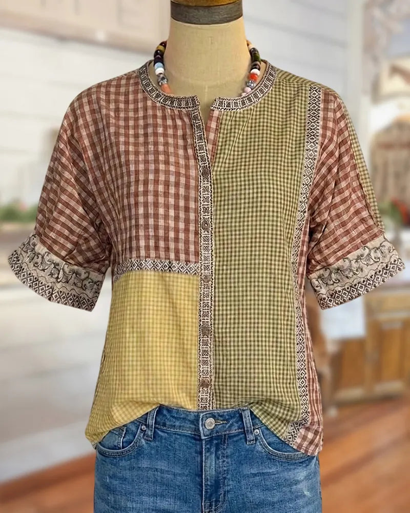 Plaid Patchwork Short Sleeve Button Up Casual Blouse
