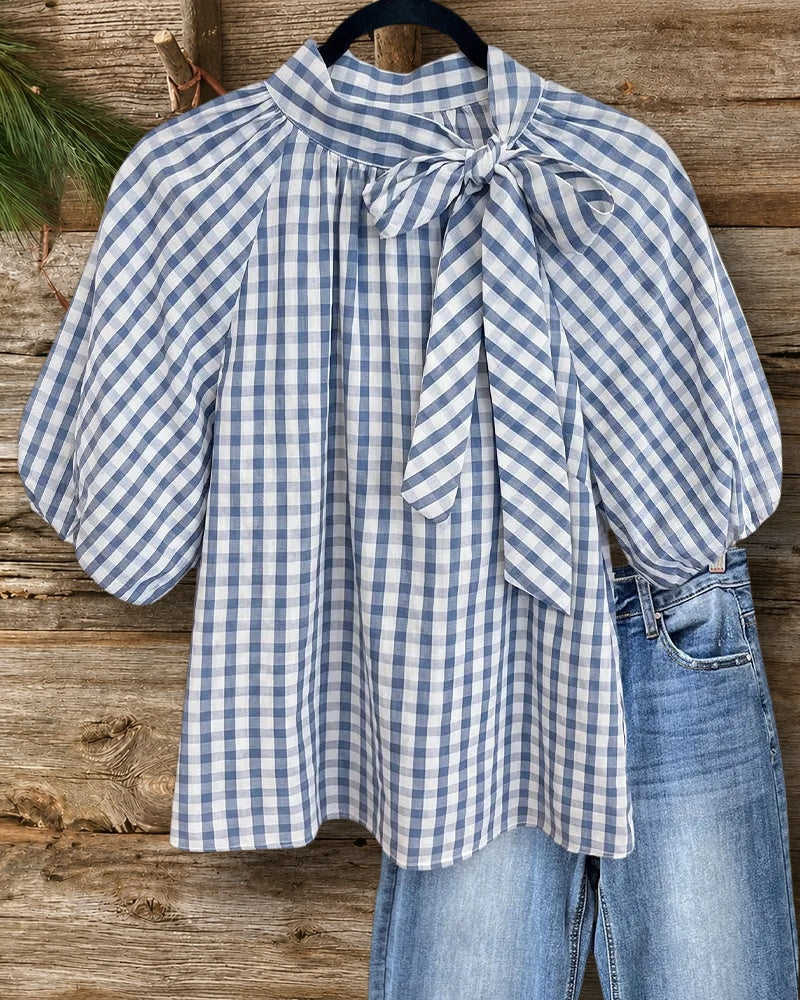 Gingham Plaid Bow Neck Puff Sleeve Relaxed Fit Casual Blouse